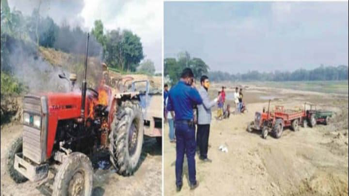 জ্বালিয়ে দেওয়া হলো মাটি বহনকারী ট্রক্টর